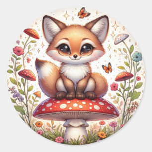 Little Fairy Fox Sitting on a Mushroom with a Fluf Classic Round Sticker