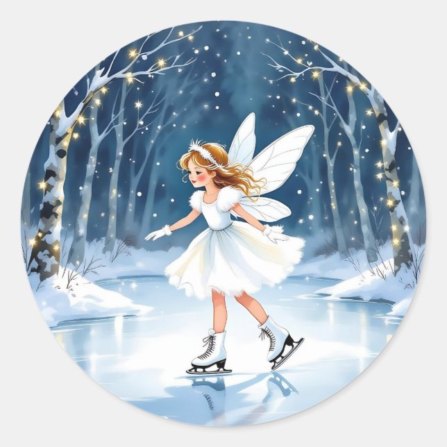 Little Fairy Ice Skating Christmas Classic Round Sticker (Front)
