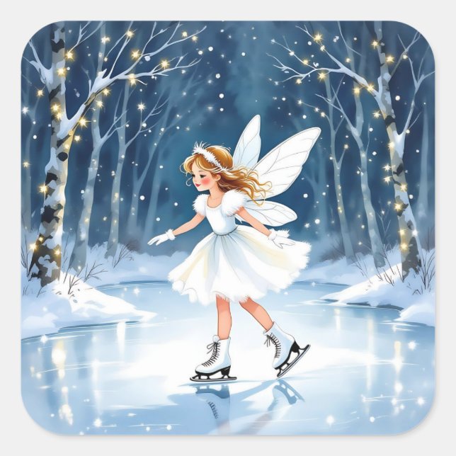 Little Fairy Ice Skating Christmas Square Sticker (Front)
