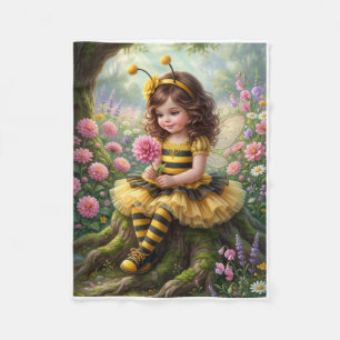 Little Fairy With Bee Among Flowers Fleece Blanket