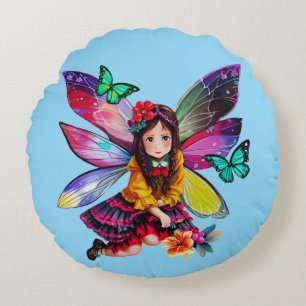 Little Fairy with Butterflies Round Pillow