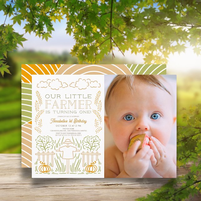 Little Farmer Harvest Scarecrow Photo 1st Birthday Invitation (Creator Uploaded)