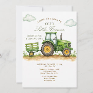 Little Farmer Sage Green Tractor 1st Birthday  Invitation