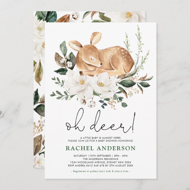 Little Fawn | Forest Deer White Floral Baby Shower Invitation (Front/Back)