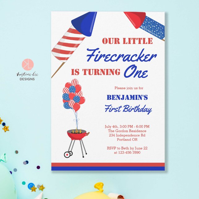 Little Firecracker 1st Birthday 4th of July USA In Invitation (Creator Uploaded)