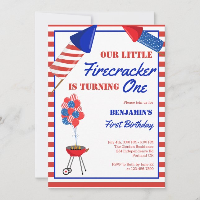 Little Firecracker 1st Birthday 4th of July USA Invitation (Front)