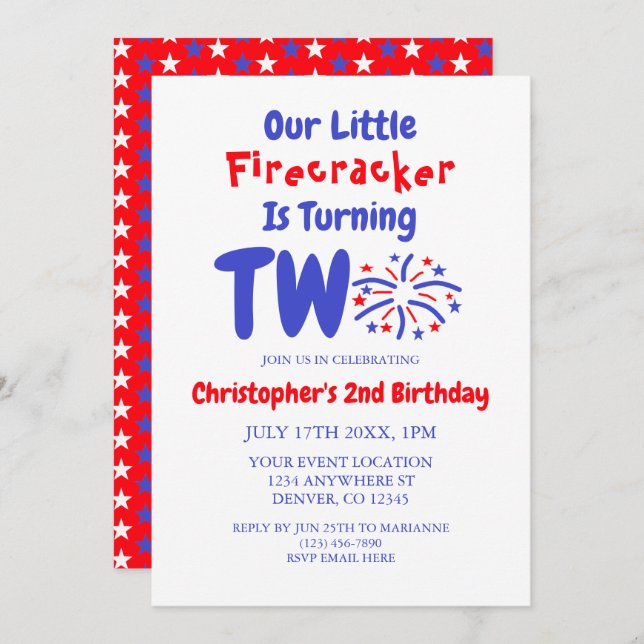 Little Firecracker 2nd Birthday Invitation (Front/Back)