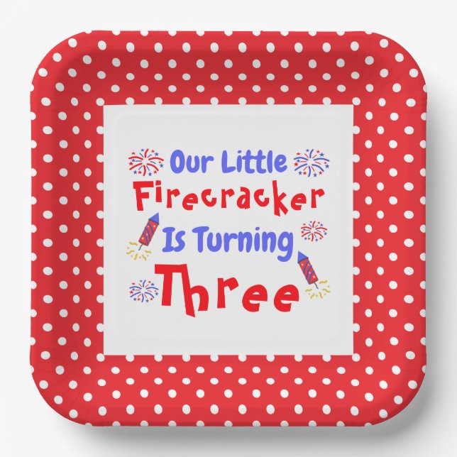 Little Firecracker 3rd Birthday Paper Plate (Front)