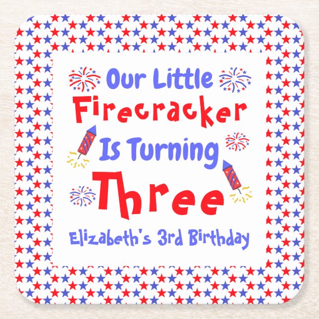 Little Firecracker 3rd Birthday Square Paper Coaster (Front)