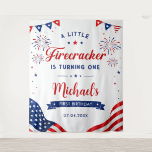 Little Firecracker 4th of July 1st Birthday Banner Tapestry