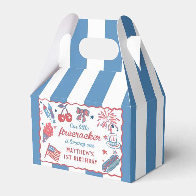 Little Firecracker 4th of July 1st Birthday Favor Box (Front Side)