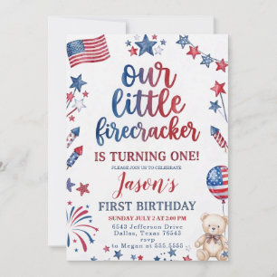Little Firecracker 4th of July 1st Birthday  Invitation