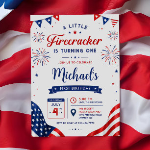 Little Firecracker 4th of July 1st Birthday Invitation
