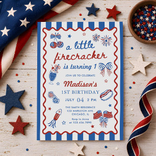 Little Firecracker 4th of July 1st Birthday Invitation
