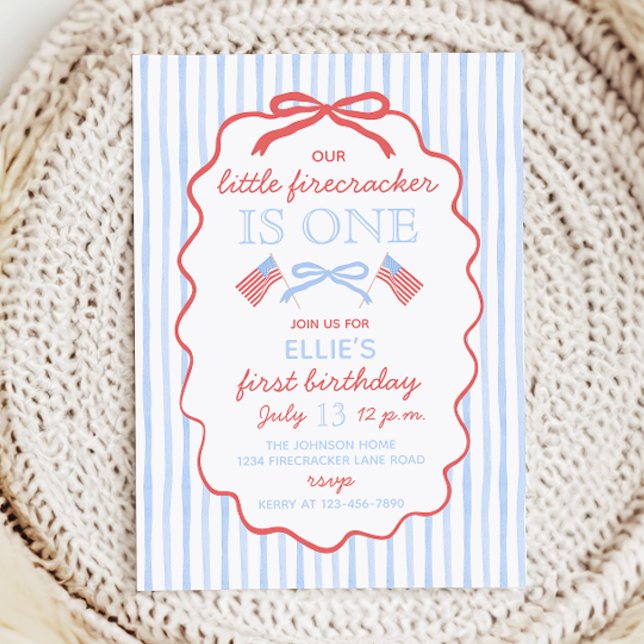 Little Firecracker 4th of July 1st Birthday Invitation (Creator Uploaded)