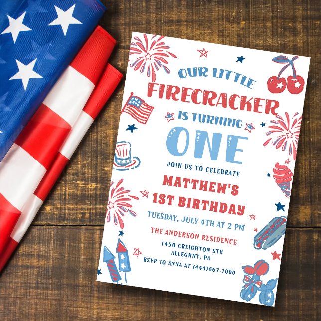 Little Firecracker 4th of July 1st Birthday Invitation (Creator Uploaded)