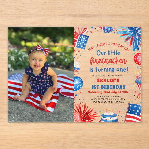 Little Firecracker 4th of July 1st Birthday Party Acrylic Invitations
