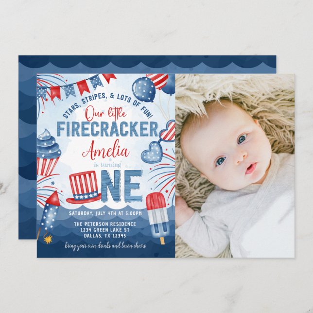 Little Firecracker 4th of July 1st Birthday Party Invitation (Front/Back)
