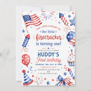 Little Firecracker 4th of July 1st Birthday Party Invitation