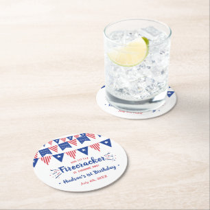 Little Firecracker 4th Of July 1st Birthday Party Round Paper Coaster
