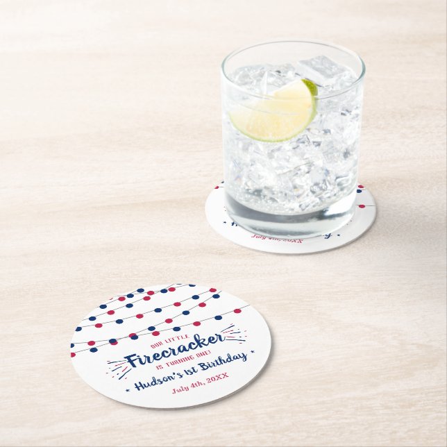 Little Firecracker 4th Of July 1st Birthday Party Round Paper Coaster (Insitu)