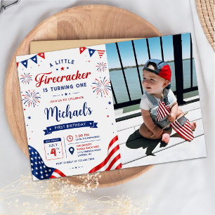 Little Firecracker 4th of July 1st Birthday Photo Invitation