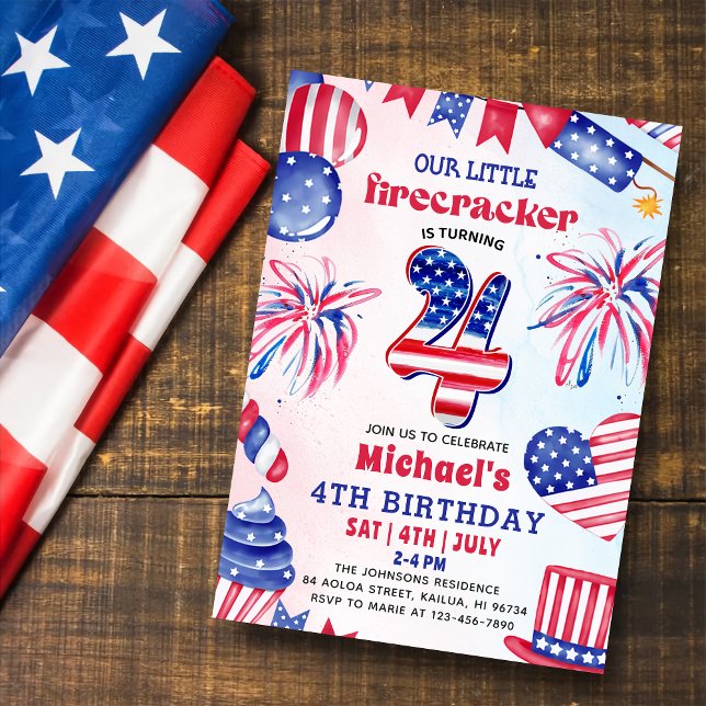 Little Firecracker 4th Of July  4th Birthday Party Invitation (Creator Uploaded)