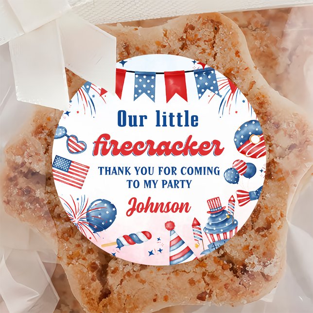 Little Firecracker 4th of July Birthday Party Classic Round Sticker (Creator Uploaded)
