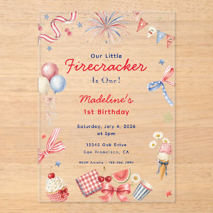 Little Firecracker 4th of July Girl 1st Birthday Acrylic Invitations