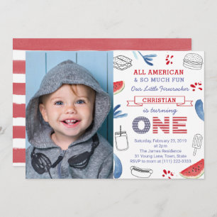 Little Firecracker All-American 1st Birthday Party Invitation