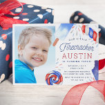 Little Firecracker | Popsicle Kids Birthday Photo Invitation<br><div class="desc">Adorable party invitations for your little one's summer birthday party feature four watercolor popsicle illustrations in classic shades of red, white, and blue, with "our little firecracker is turning {age]" in whimsical script lettering. Personalize with your birthday party details beneath, and add a photo of the birthday child. A festive...</div>