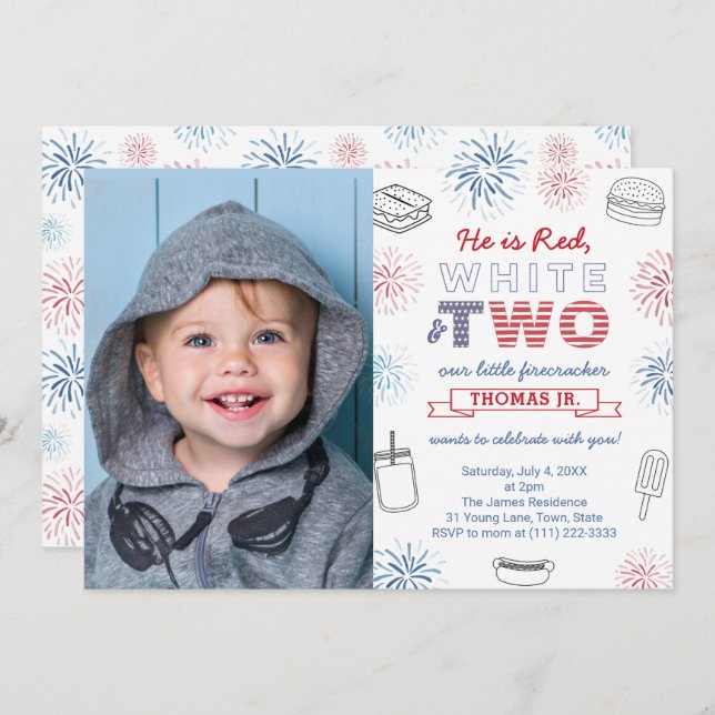 Little Firecracker Red Blue 2nd Birthday Party Invitation (Front/Back)