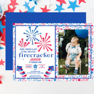 Little Firecracker Red White Blue Photo Birthday  Invitation