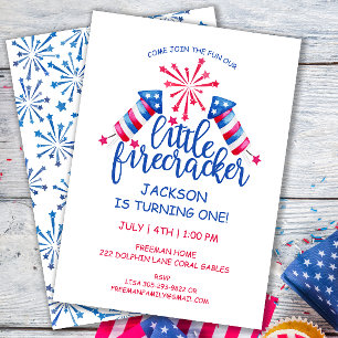 Little Firecracker Watercolor 4th of July Birthday Invitation