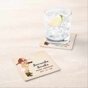 Little Firefighter Baby Shower Party Decor Square Paper Coaster