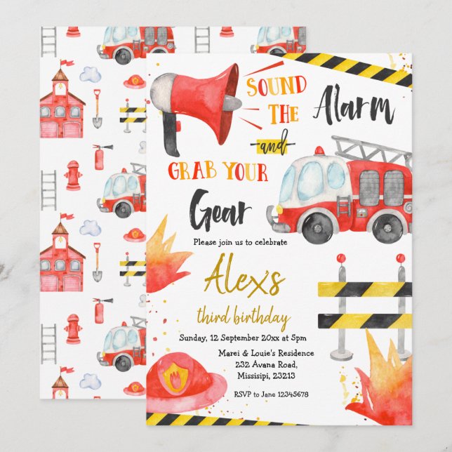 Little Firefighter Boy Birthday Invitation (Front/Back)