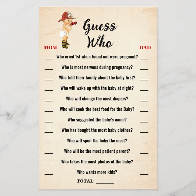 Little Firefighter Guess Who Baby Shower Game Card (Front)