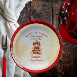 Little Firefighter Teddy Bear Baby Shower  Paper Plate<br><div class="desc">Celebrate your newest little hero with these charming firefighter baby shower party decor paper plates featuring an adorable teddy bear dressed in classic red turnout gear. Designed in a soft vintage watercolor style, this creation blends warm firehouse reds, subtle star details, and a coordinating flaming hydrant pattern for a cohesive...</div>