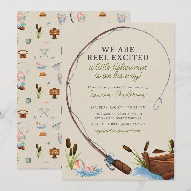 Little Fisherman Adventure Watercolor Baby Shower Invitation (Front/Back)