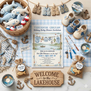 Little Fisherman Blue Gingham Fishing Boy Invitation