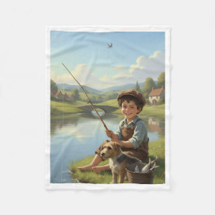 Little Fisherman Boy and Dog Cozy Fleece Blanket