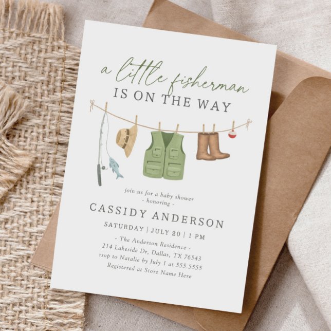 Little Fisherman Fishing Clothesline Baby Shower Invitation (Creator Uploaded)