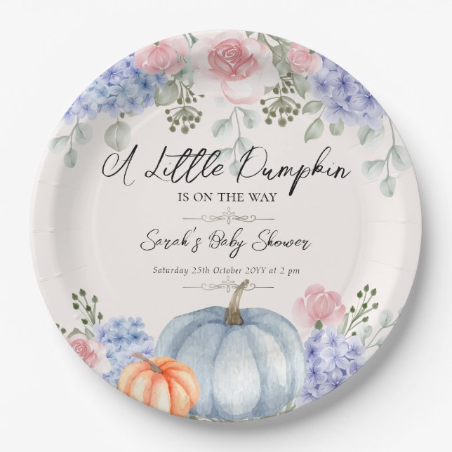 Little Floral Pumpkin Halloween Fall Baby Shower Paper Plate (Front)