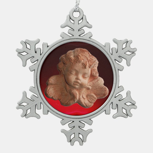 LITTLE FLORENTINE ANGEL Red Ruby Gem Stone Snowflake Pewter Christmas Ornament (Front)