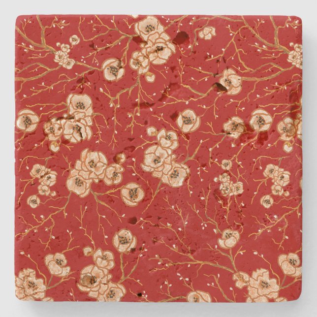 Little flowers on red pattern stone coaster (Front)