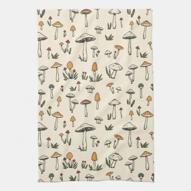 Little Forest Mushrooms on a Beige Background Kitchen Towel (Vertical)