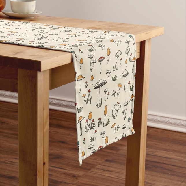 Little Forest Mushrooms on a Beige Background Medium Table Runner (In Situ)