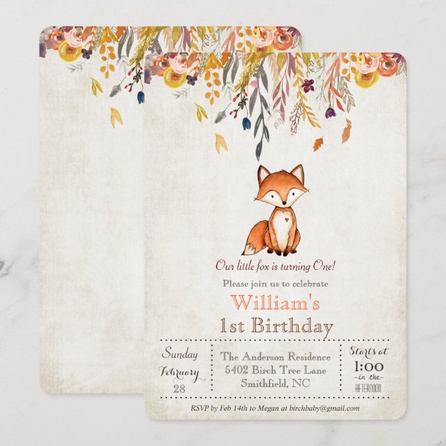 Little Fox Automne 1er Anniversaire Invitation (Devant / Derrière)