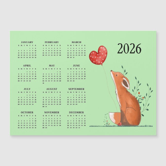 Little Fox Design 2026 Calendar Magnetic Card (Front)