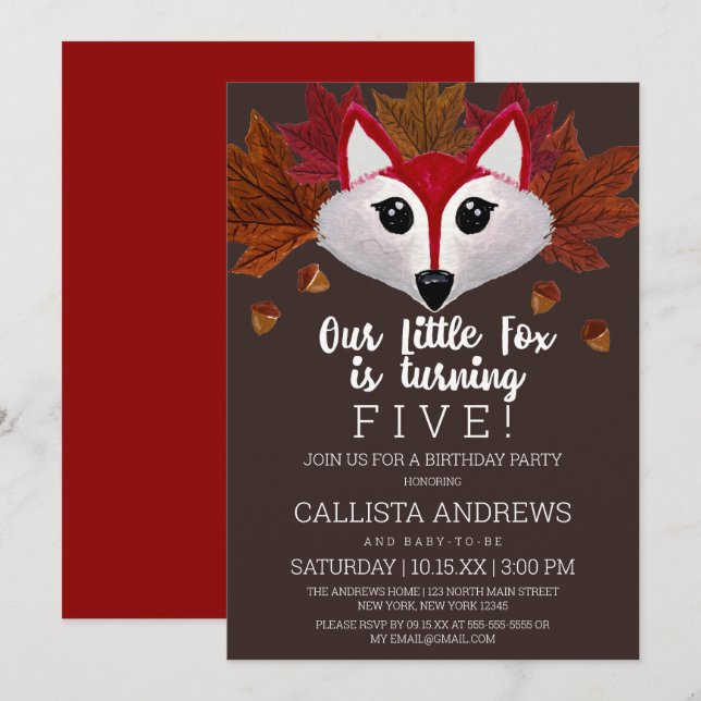 Little Fox Fall Red Brown Watercolor Birthday Invitation (Front/Back)